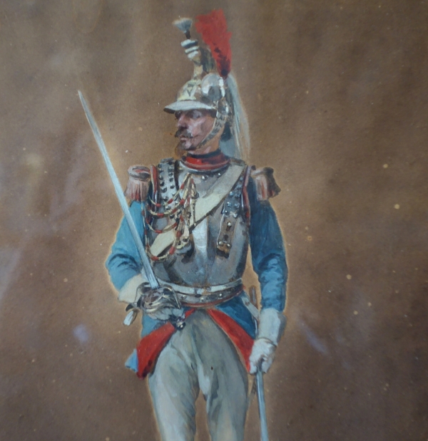 Paire de gouaches, officiers de Hussard et de Cuirassier sous le Second Empire par Henri Dupray