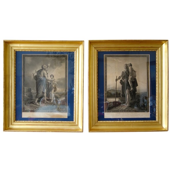 Pair of Empire engravings : Belisaire & Homer after Gerard - gilt wood frames