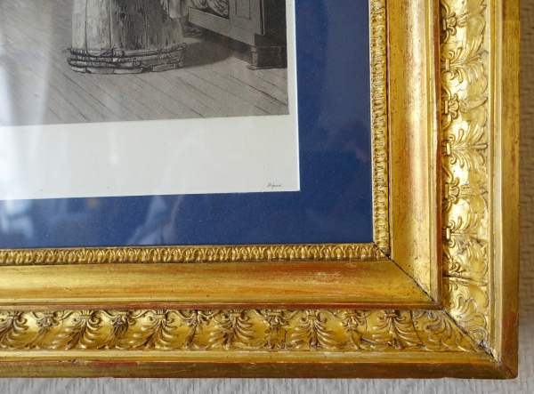 Paire de gravures Empire : La main chaude et Le Colin Maillard, cadres en bois doré 72,5cm x 62,5cm