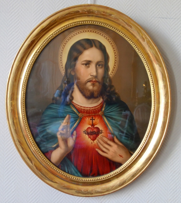 Paire de gravures traditionalistes Sacré Coeur de Jésus et de Marie - cadres en bois doré - 72cm x 61cm