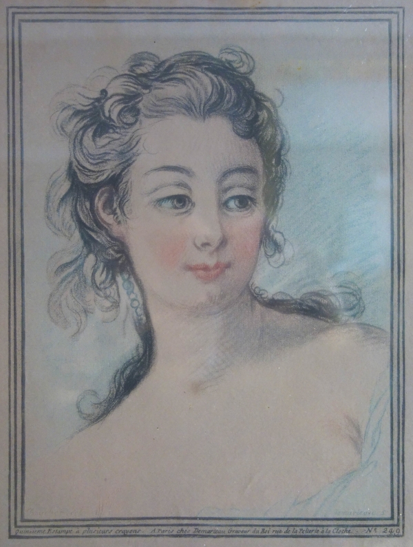 Demarteau d'après Boucher : paire de gravures à la manière du crayon - portraits de femmes XVIIIe