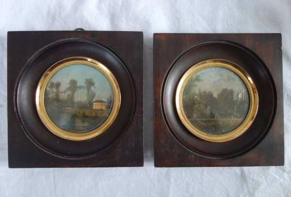 Pair of miniatures picturing a castle and its gardens - 19th century