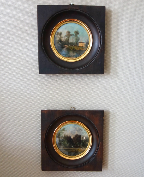 Pair of miniatures picturing a castle and its gardens - 19th century