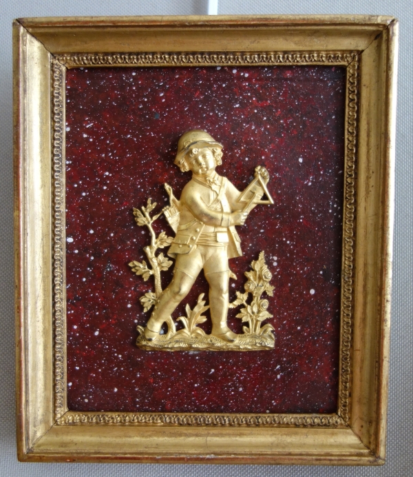 Pair of miniature ormolu characters, faux porphyry marble background - 19th century