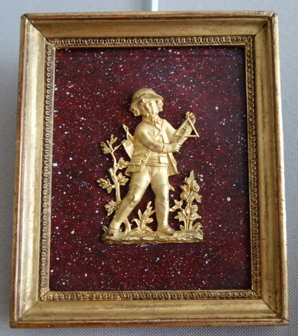 Pair of miniature ormolu characters, faux porphyry marble background - 19th century