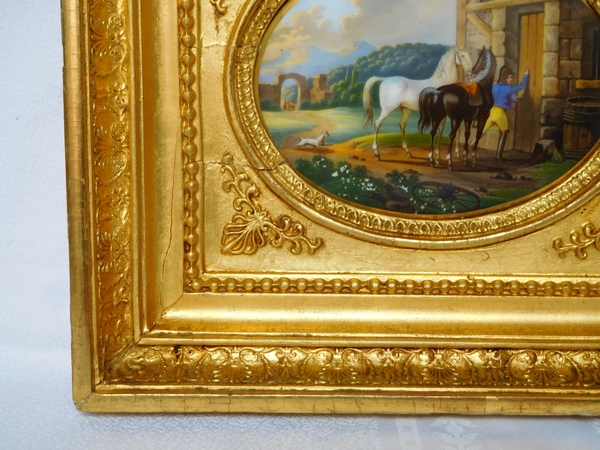 Paire de peintures sur porcelaine, l'éleveur de chevaux, cadres en bois doré époque Empire