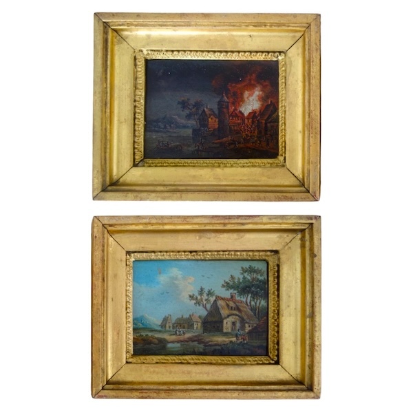 Paire de tableaux miniatures, huiles sur cuivre d'époque début XIXe siècle