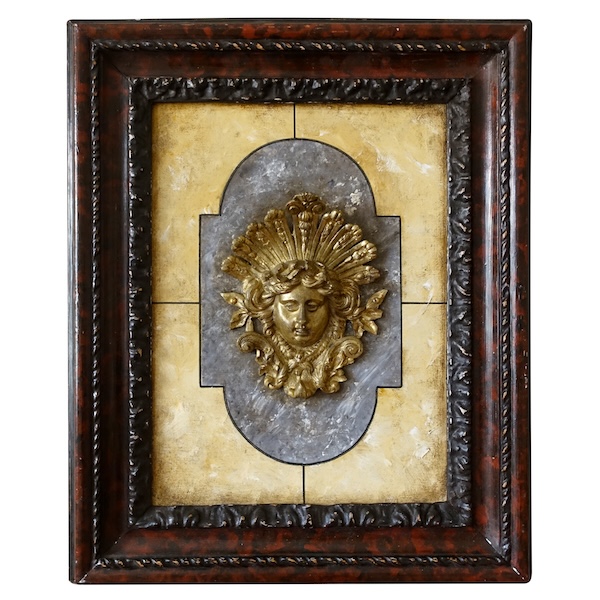 Louis XIV style decorative panel, ormolu on a background marble, 19th century