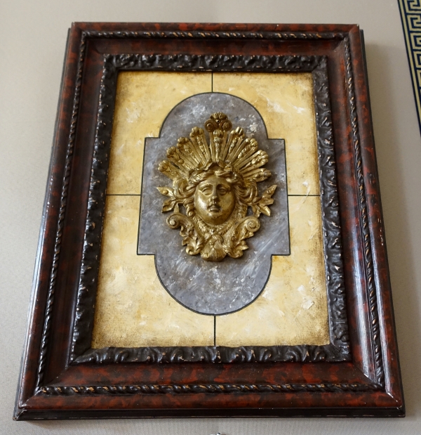 Louis XIV style decorative panel, ormolu on a background marble, 19th century