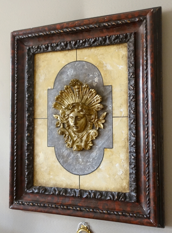 Louis XIV style decorative panel, ormolu on a background marble, 19th century