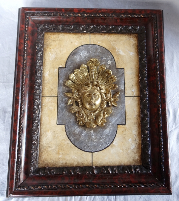 Louis XIV style decorative panel, ormolu on a background marble, 19th century