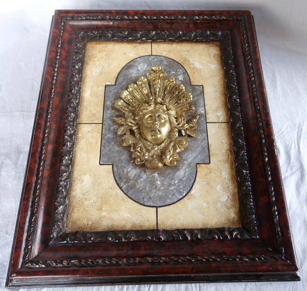 Louis XIV style decorative panel, ormolu on a background marble, 19th century