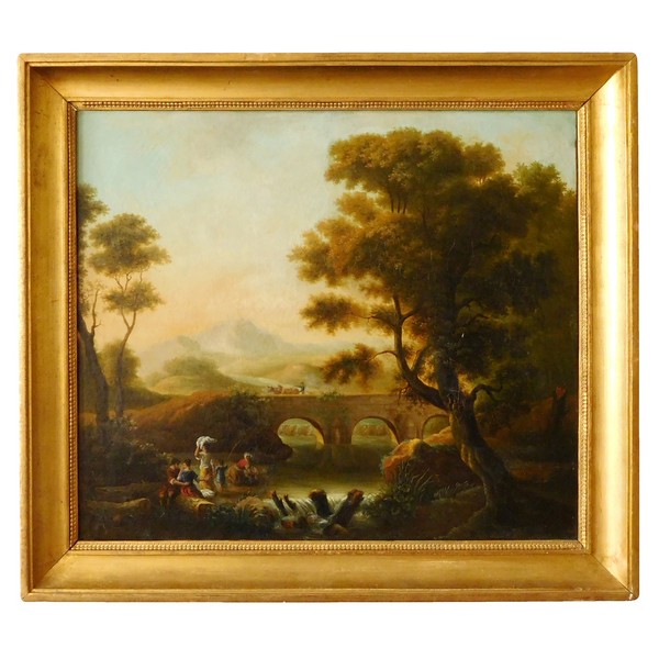 Ecole Française du XVIIIe siècle, paysage aux lavandières, huile sur toile 81cm x 70cm