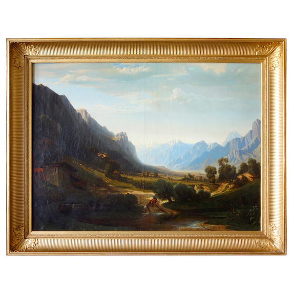 Jules Nicolas Schitz : large mountain landscape, oil on canvas - 147x113cm