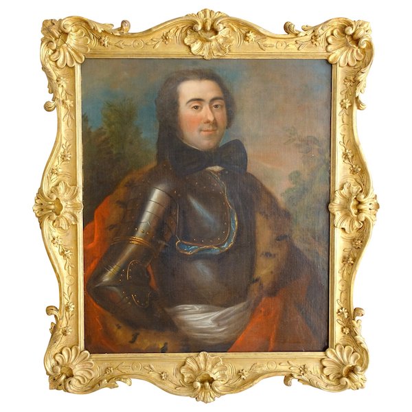Portrait d'officier aristocrate, cadre en bois sculpté et doré - époque Louis XV - XVIIIe siècle