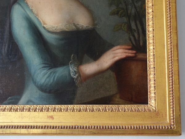 Ecole Française du XVIIIe siècle, portrait d'aristocrate au pot de fleurs