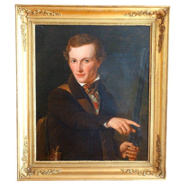 Portrait de chasseur, huile sur toile d'époque romantique - XIXe siècle vers 1840 - 72cm x 84cm