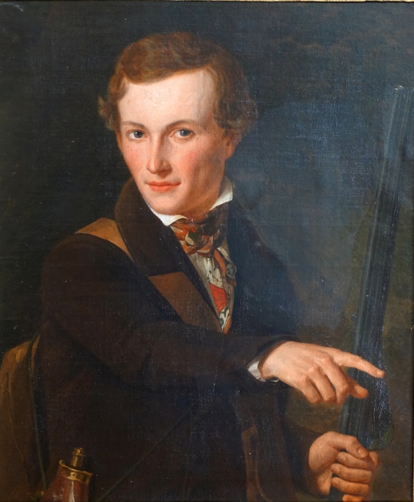 Portrait de chasseur, huile sur toile d'époque romantique - XIXe siècle vers 1840 - 72cm x 84cm