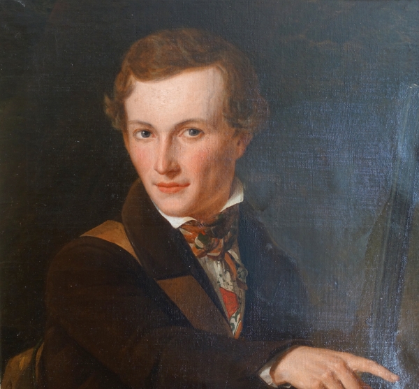 Portrait de chasseur, huile sur toile d'époque romantique - XIXe siècle vers 1840 - 72cm x 84cm