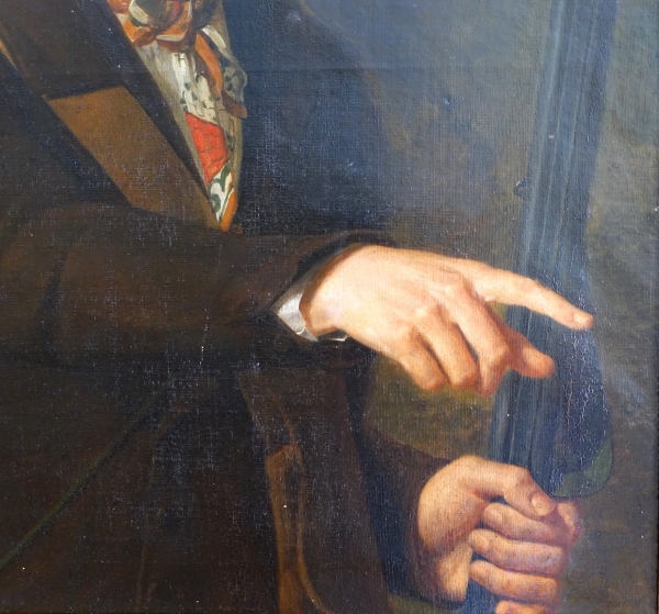 Portrait de chasseur, huile sur toile d'époque romantique - XIXe siècle vers 1840 - 72cm x 84cm