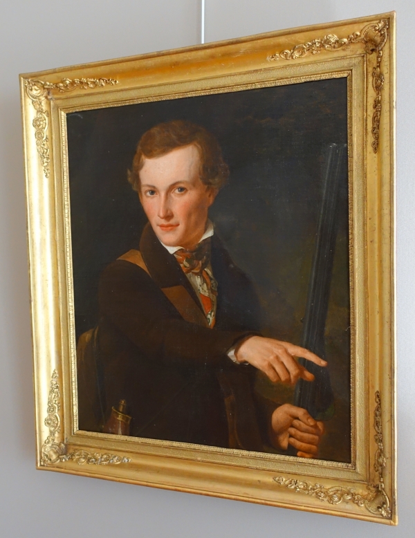 Portrait de chasseur, huile sur toile d'époque romantique - XIXe siècle vers 1840 - 72cm x 84cm