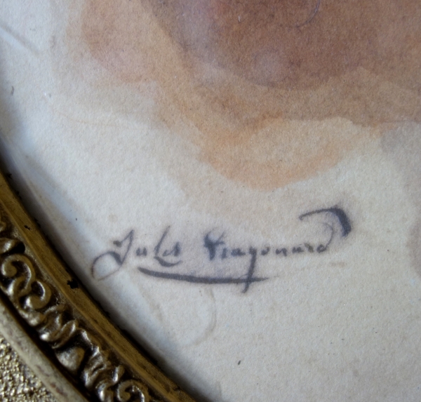 Jules Fragonard : portrait d'enfant à l'aquarelle, étiquette du salon de Paris - milieu XIXe siècle