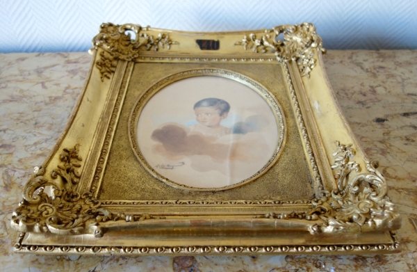 Jules Fragonard : portrait d'enfant à l'aquarelle, étiquette du salon de Paris - milieu XIXe siècle
