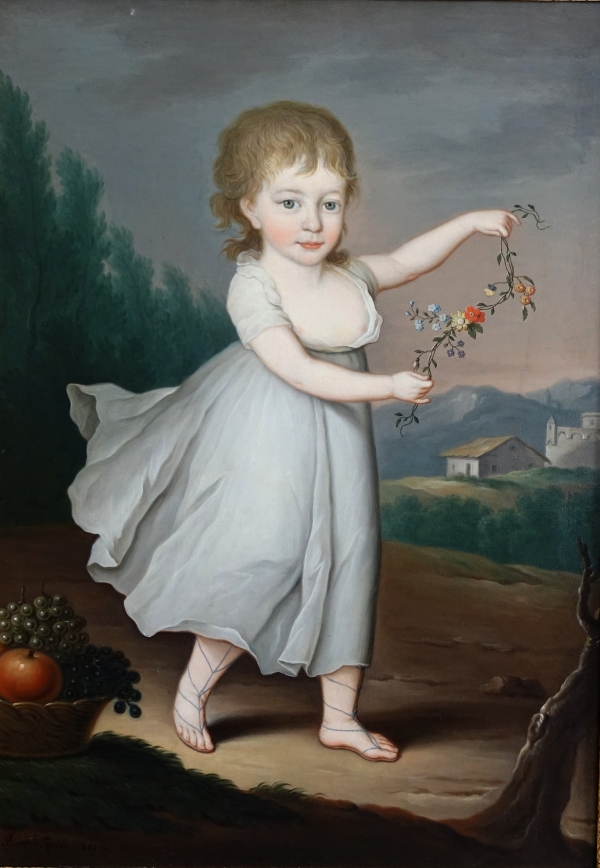 Portrait d'enfant en Flore ou Cérès, huile sur toile Empire signée Joseph Rosie 1801 - 115cm x 81cm