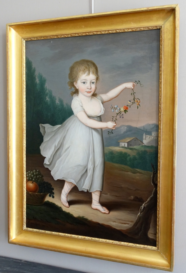 Portrait d'enfant en Flore ou Cérès, huile sur toile Empire signée Joseph Rosie 1801 - 115cm x 81cm