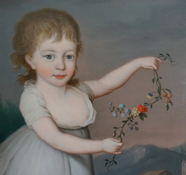 Portrait d'enfant en Flore ou Cérès, huile sur toile Empire signée Joseph Rosie 1801 - 115cm x 81cm