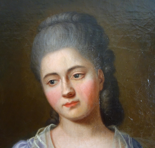 Ecole Française du XVIIIe siècle : grand portrait de dame aristocrate époque Louis XVI - 79cm x 95cm