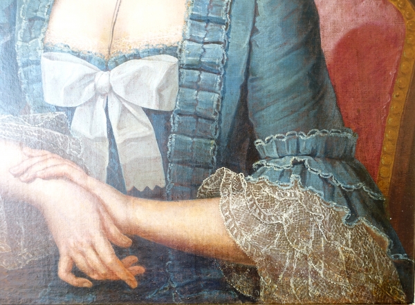 Ecole Française du XVIIIe siècle : grand portrait de dame aristocrate d'époque Louis XVI