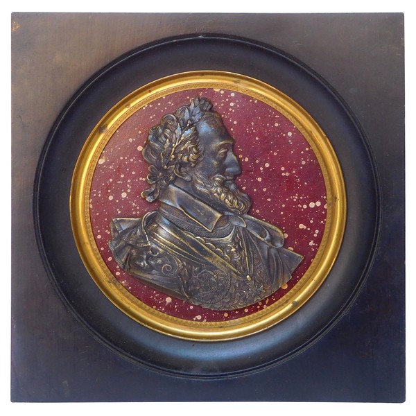 Portrait miniature du Roi Henri IV, souvenir historique royaliste - bronze sur fond porphyre