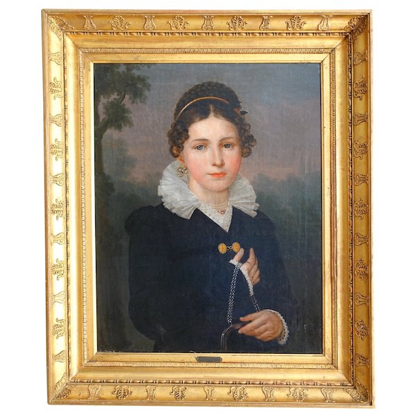 Jean Baptiste Maes-Canini : portrait de jeune fille aristocrate, HST signée datée 1818 - 64cm x 77cm