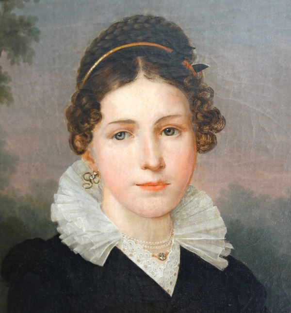 Jean Baptiste Maes-Canini : portrait de jeune fille aristocrate, HST signée datée 1818 - 64cm x 77cm