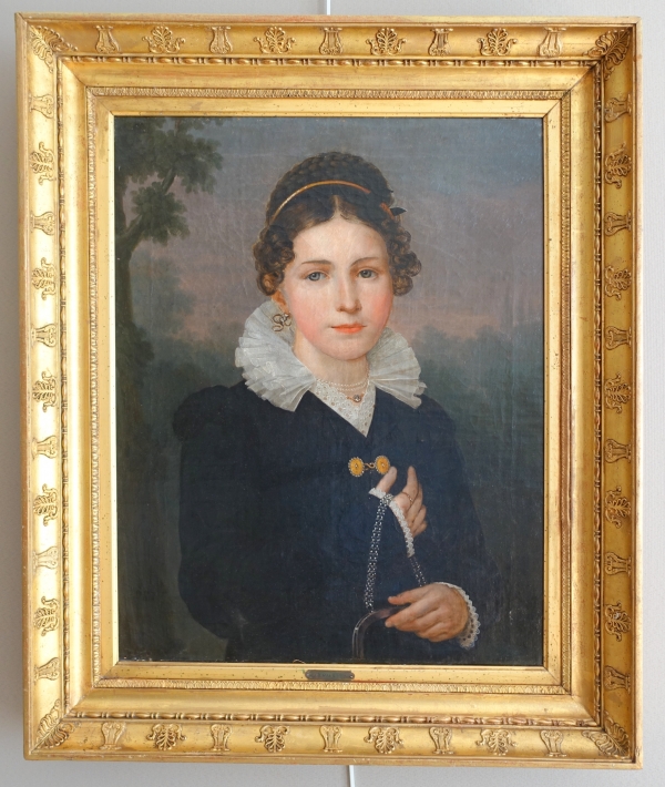 Jean Baptiste Maes-Canini : portrait de jeune fille aristocrate, HST signée datée 1818 - 64cm x 77cm