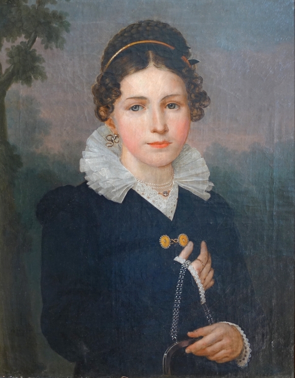 Jean Baptiste Maes-Canini : portrait de jeune fille aristocrate, HST signée datée 1818 - 64cm x 77cm