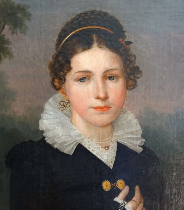 Jean Baptiste Maes-Canini : portrait de jeune fille aristocrate, HST signée datée 1818 - 64cm x 77cm