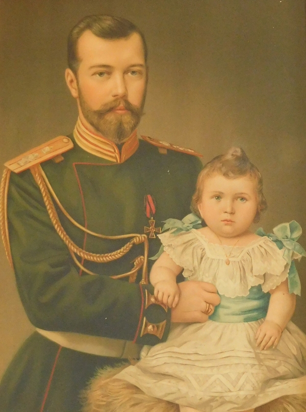 Portrait du Tsar Nicolas II et de la Grande Duchesse Olga en 1895 - chromolithographie, cadre doré