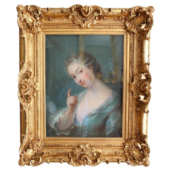 Portrait pastel de style Louis XV d'après Van Loo, très riche cadre Rocaille en bois doré