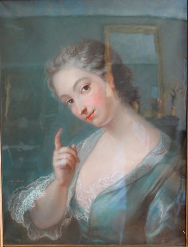 Portrait pastel de style Louis XV d'après Van Loo, très riche cadre Rocaille en bois doré