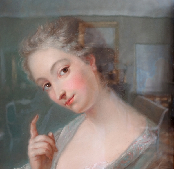 Portrait pastel de style Louis XV d'après Van Loo, très riche cadre Rocaille en bois doré