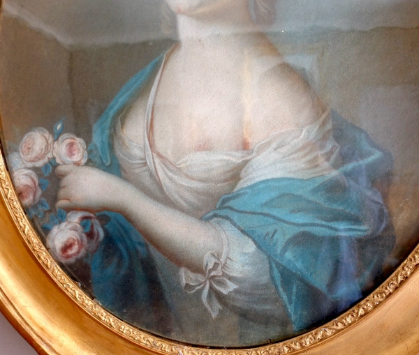 Ecole française du XVIIIe siècle, portrait de dame aristocrate en Flore, pastel, époque Louis XV