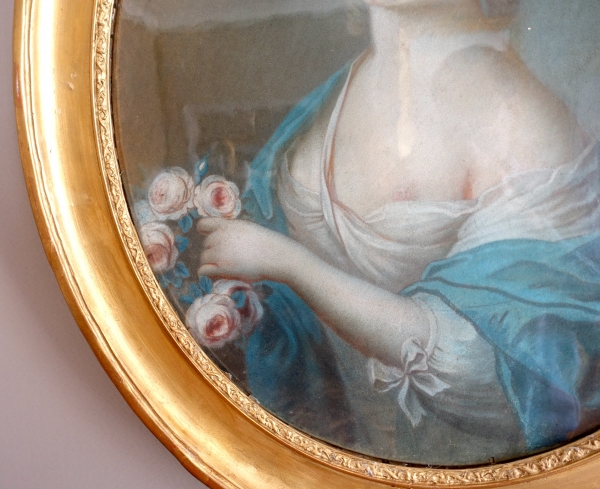 Ecole française du XVIIIe siècle, portrait de dame aristocrate en Flore, pastel, époque Louis XV