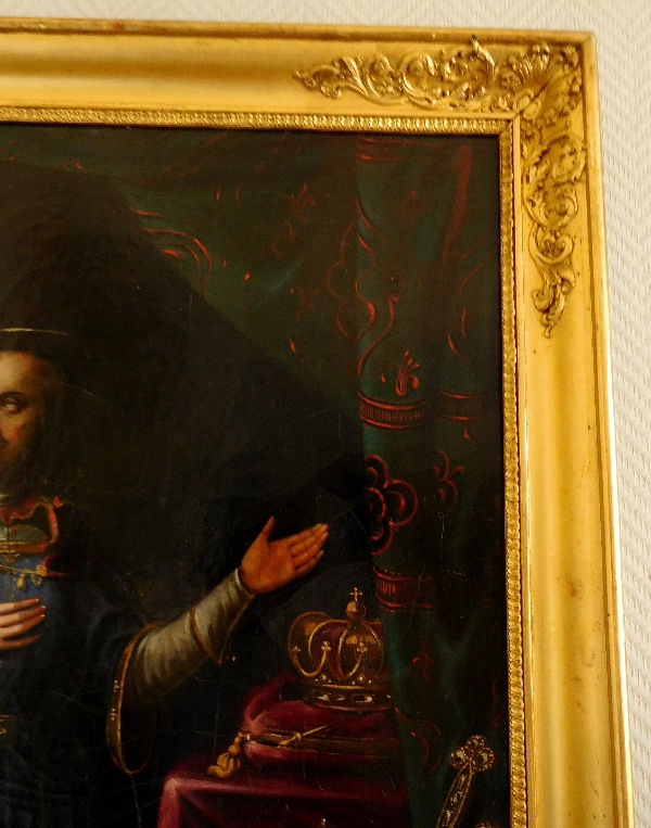 Ecole Française du XIXe siècle, huile sur toile : portrait de Saint Ferdinand III Roi d'Espagne