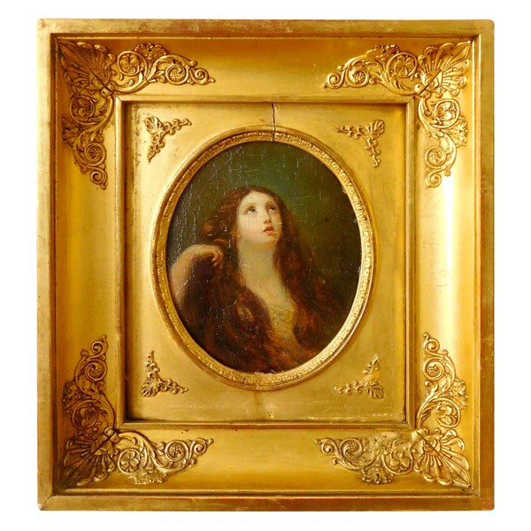Ecole Française du début XIXe siècle, huile sur panneau : portrait de Sainte Marie-Madeleine
