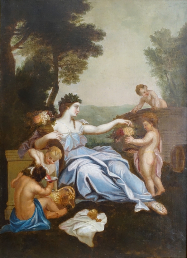 Ecole Française du XVIIIe siècle : scène bacchanale néoclassique, grande huile sur toile - 144cm x 111cm