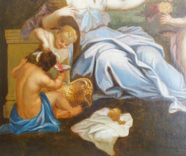 Ecole Française du XVIIIe siècle : scène bacchanale néoclassique, grande huile sur toile - 144cm x 111cm