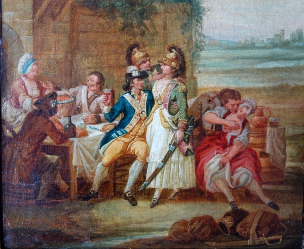 Ecole française du XVIIIe siècle, Fanchon habillée en Dragon du Roi avec les soldats à l'auberge