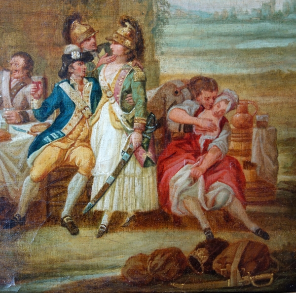 Ecole française du XVIIIe siècle, Fanchon habillée en Dragon du Roi avec les soldats à l'auberge